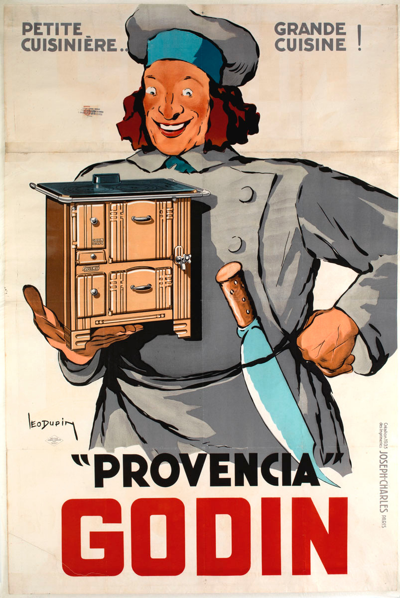L'affiche montre un cuisinier tenant à la main une cuisinière.