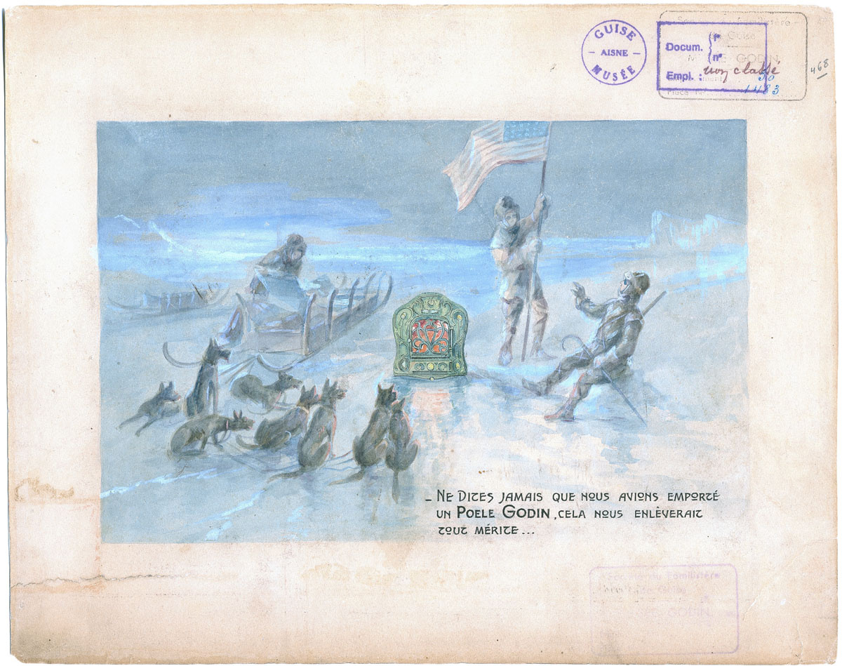 Le dessin représente l'arrivée de l'expédition de Peary au Pôle Nord