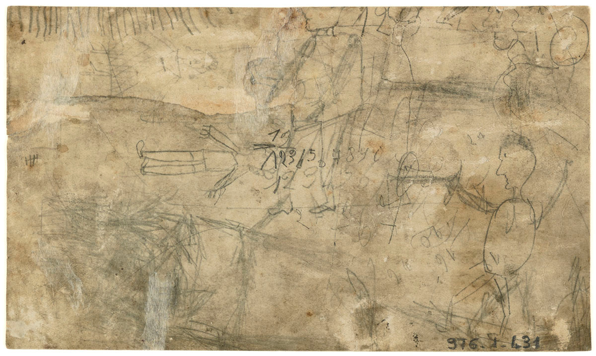 Verso du carton de montage du portrait collectif des ouvriers de la fonderie.