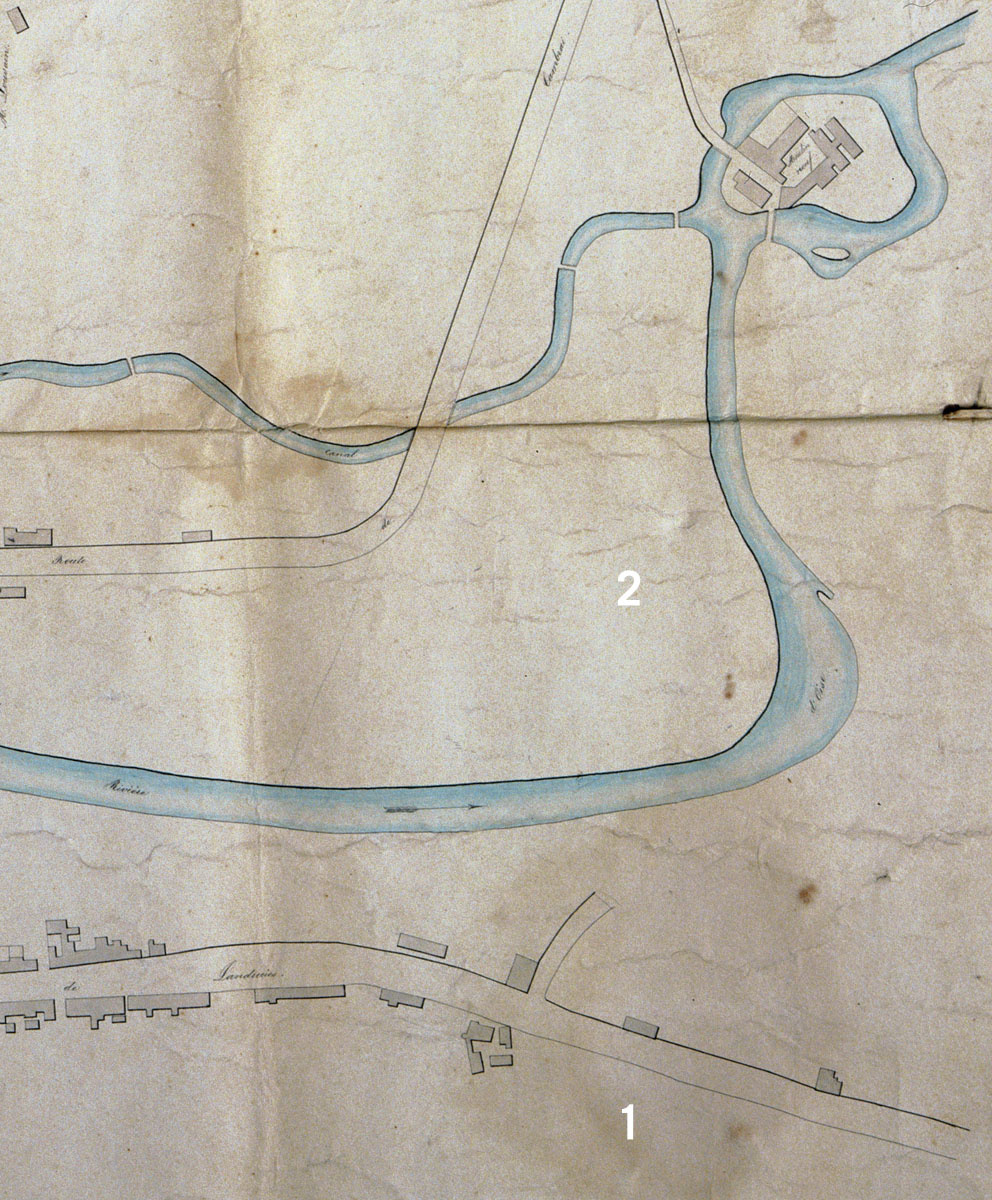 Plan de la ville de Guise, 1846 : détail avec implantation des fonderies et manu