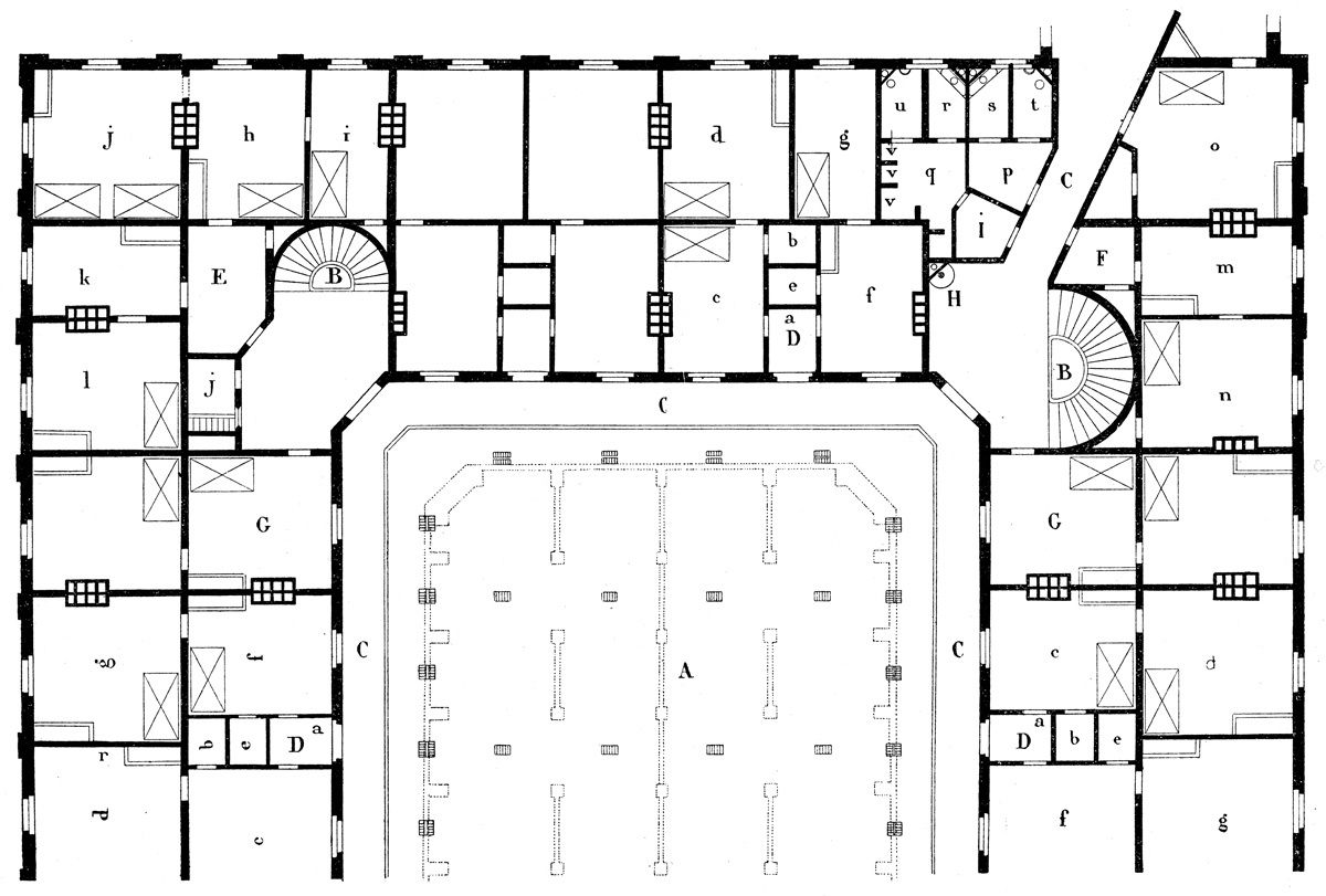La gravure présente le plan détaillé d'un demi niveau du pavillon central du Fam