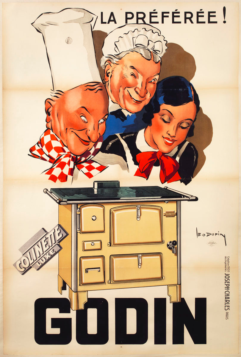 L'affiche présente une cuisinière et, au second plan, trois personnages qui expr