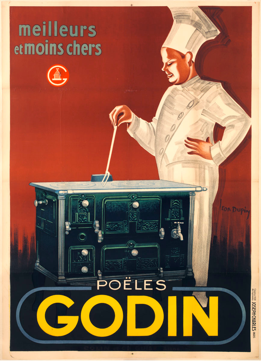 L'affiche montre un cuisinier se tenant derrière une cuisinière « Godin ».