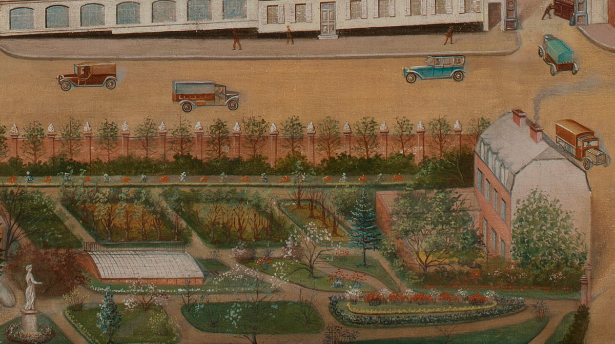 Le détail de la peinture montre le jardin d'agrément du Familistère.