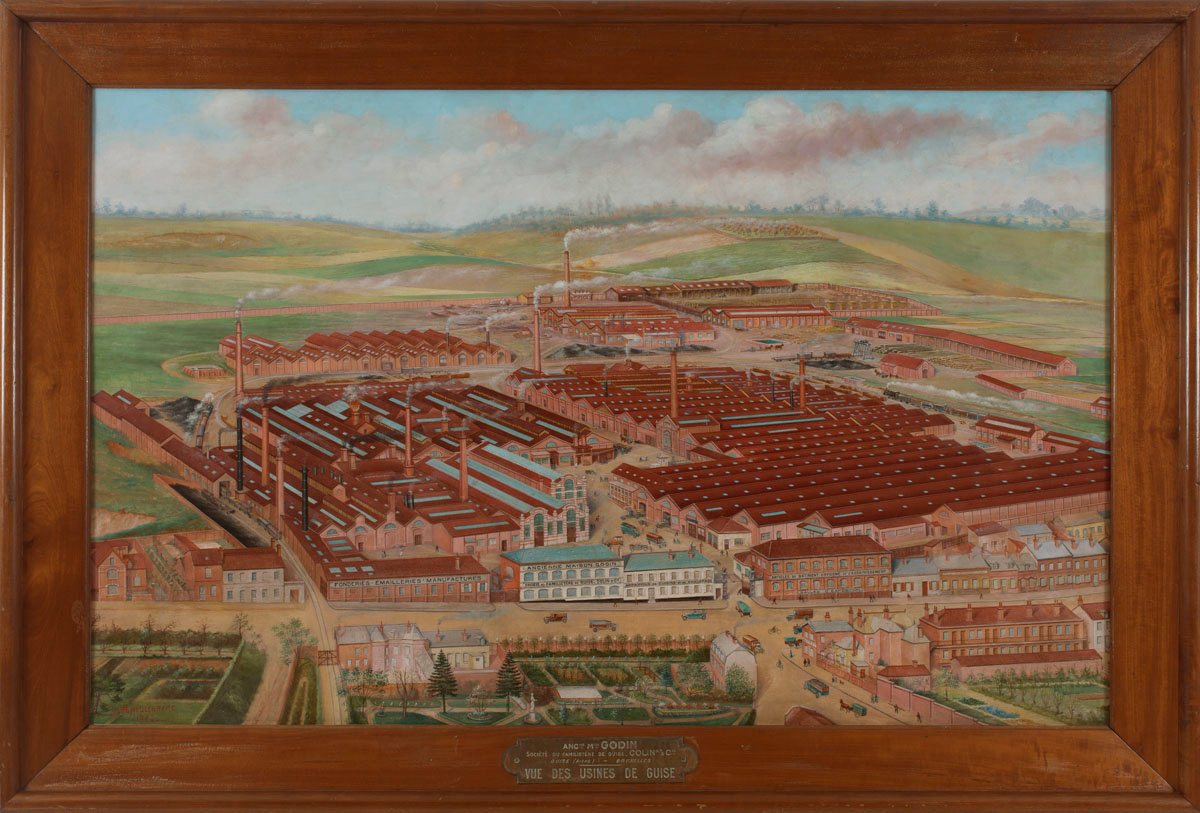 La peinture représente une vue cavalière de l'usine du Familistère.