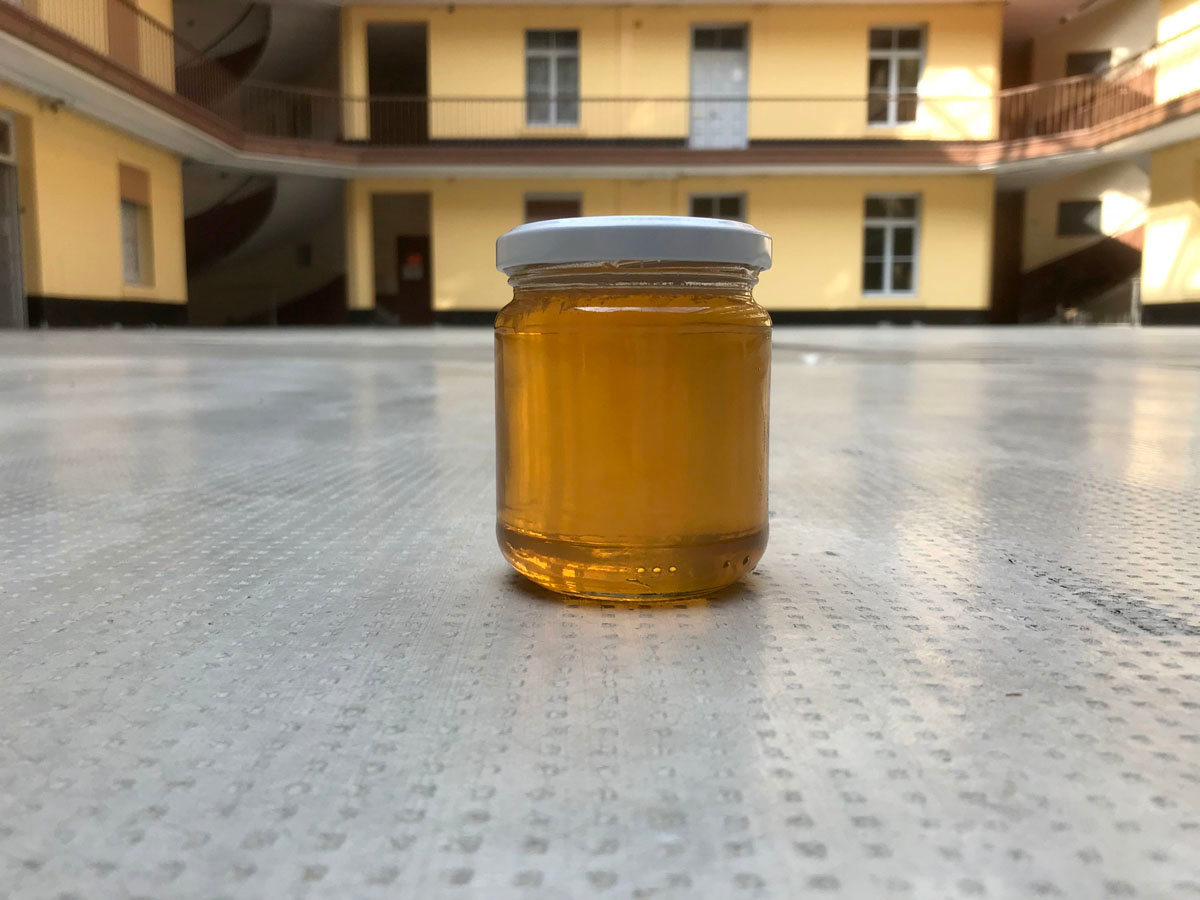 La photographie montre un pot de miel dans la cour de l'aile droite.