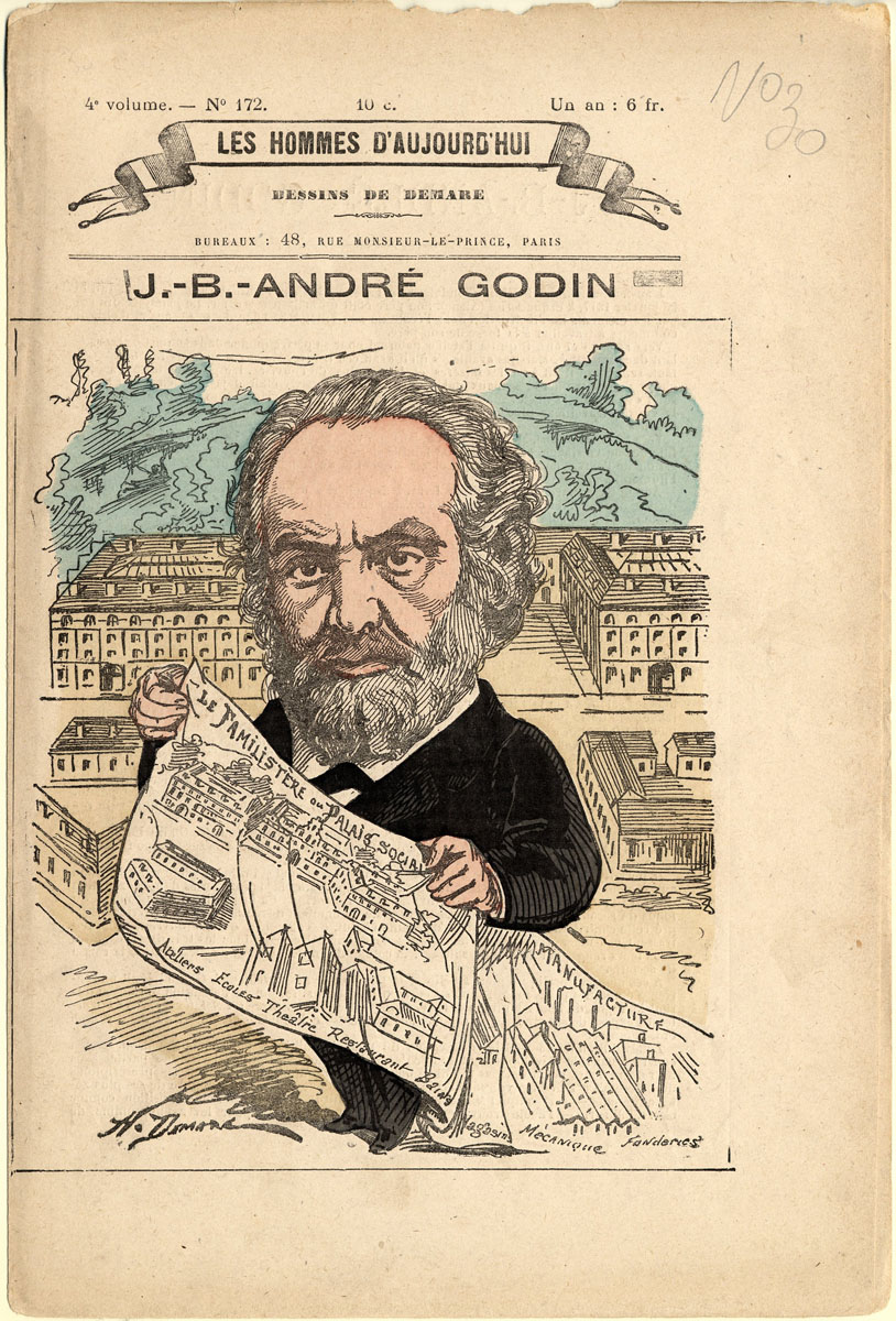 Le dessin montre Godin tenant à la main une gravure représentant le Familistère.