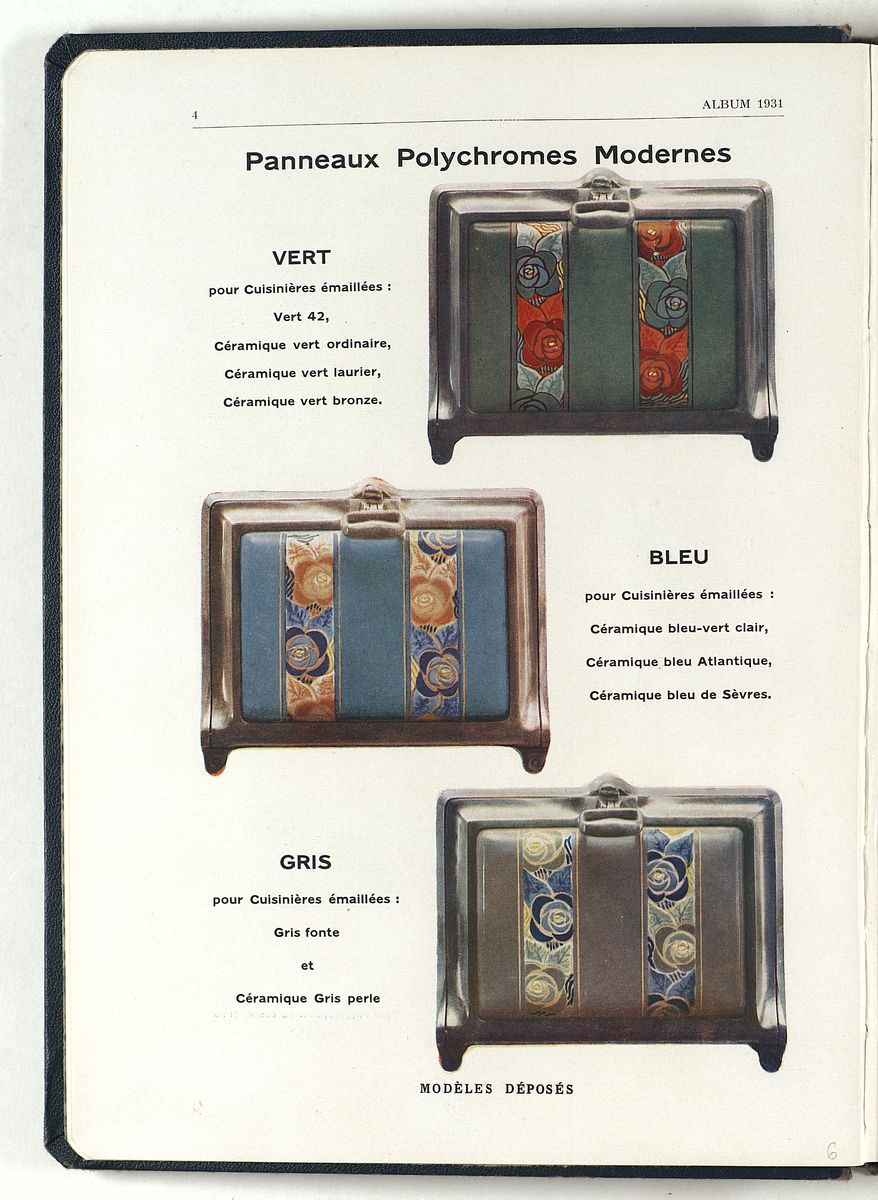 La page du catalogue présente une série de décors pour portes de cuisinières éma