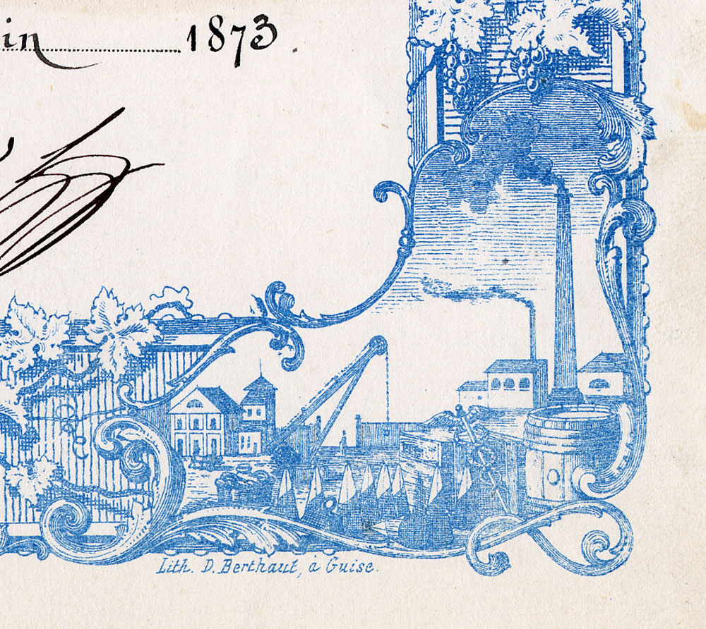 La vignette en bas à droite de la bordure symbolise l'industrie et le commerce.