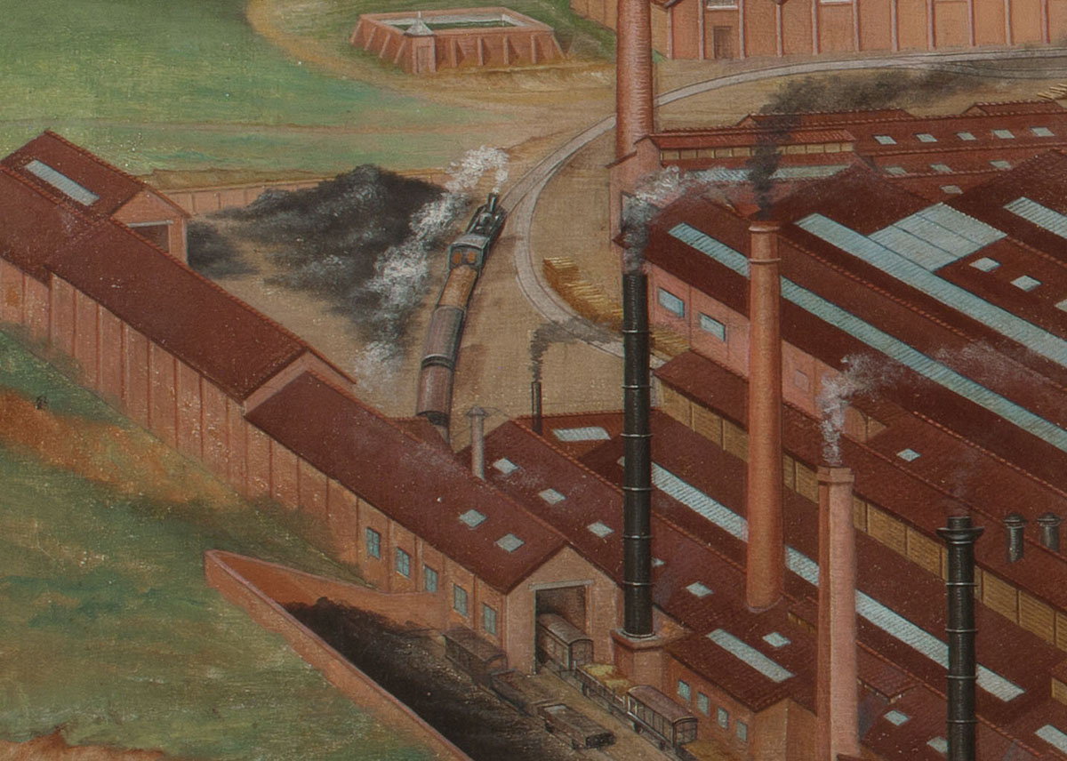 Le détail de la peinture montre un train de l'usine du Familistère.