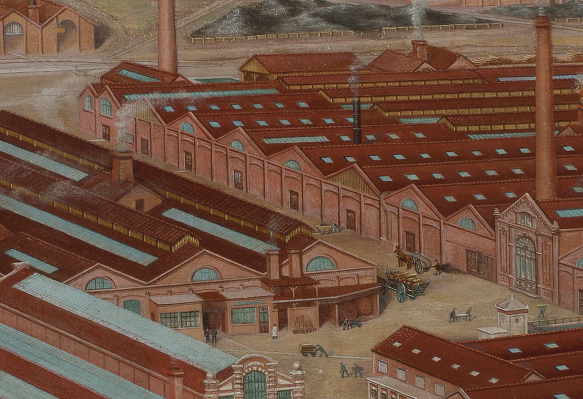 Le détail de la peinture montre la deuxième cour de l'usine du Familistère.
