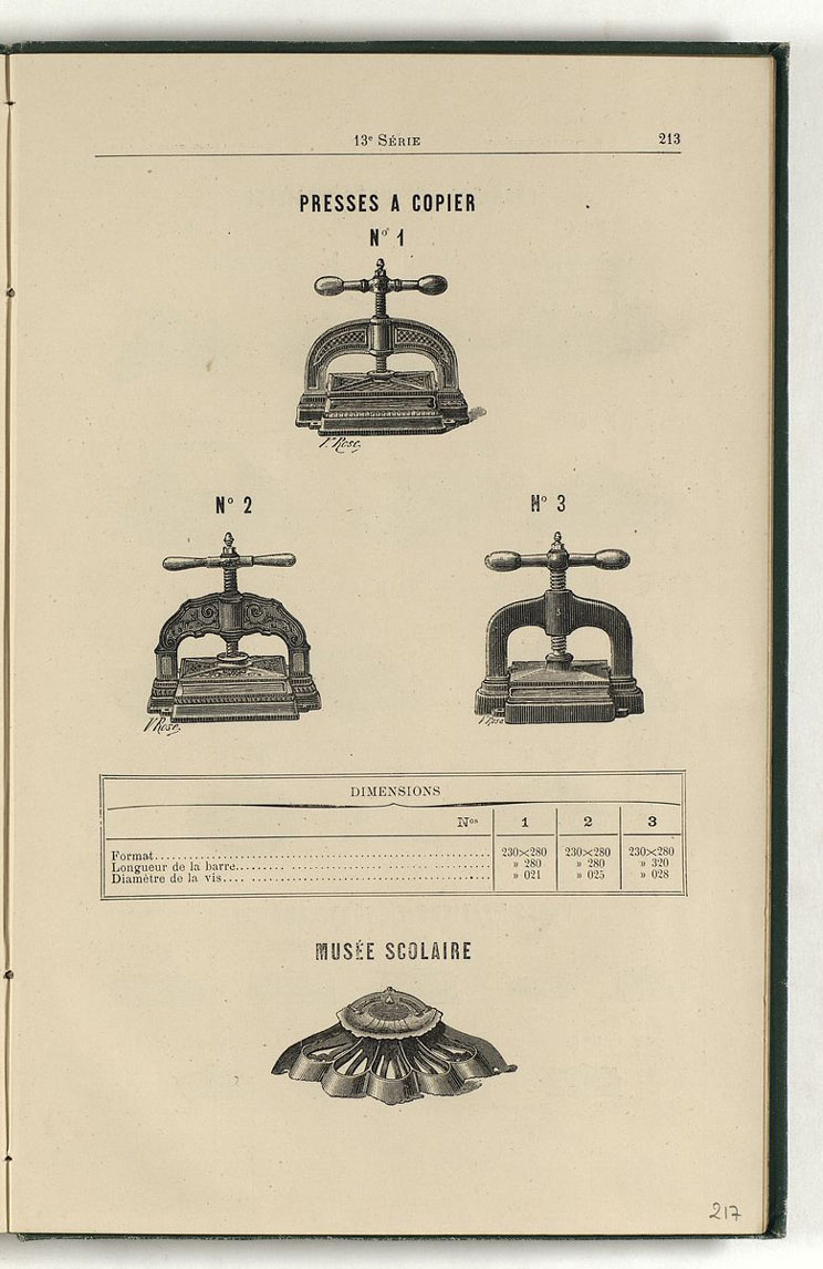 Vue de la page d'un catalogue montrant des presses à copier