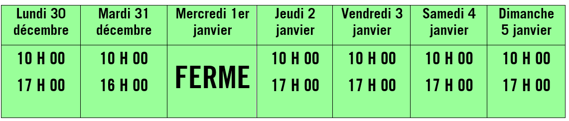 Horaire d'ouverture fin 2024